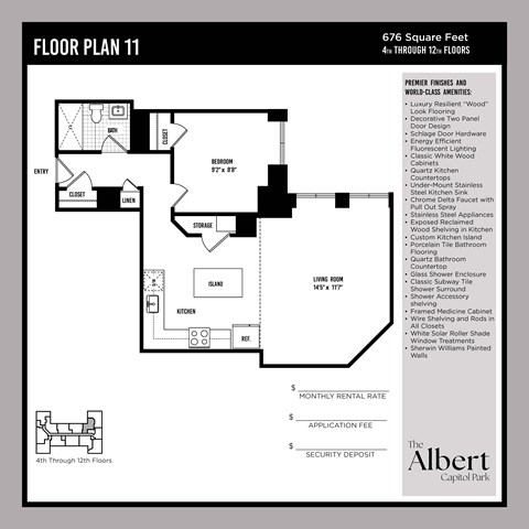 Floor plan for 1 bed, 1 bath, 676 sqft